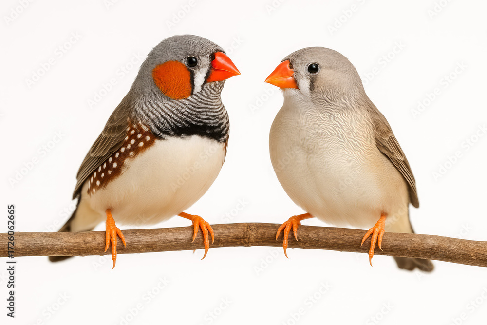Fototapeta premium A pair of Sunda zebra finch or Amadina birds male and female are sitting on a branch isolated on white background. Taeniopygia guttata.Decorative domestic songbirds concept.