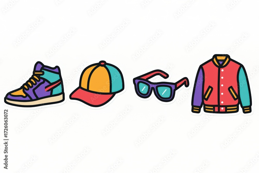Obraz premium Colorful urban fashion accessories featuring stylish sneakers baseball cap retro sunglasses and varsity jacket emphasizing modern youth culture smart style and streetwear aesthetics
