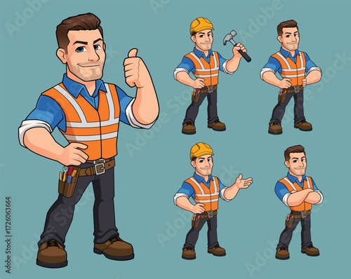 set of construction worker mascot character design premium vector