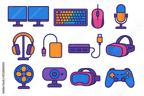 Sleek Tech Desk Icons. Tech desk accessories in modern flat vector : dual monitor, gaming keyboard, gaming mouse, microphone, headset stand, external