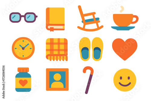 Elderly Essentials Icons. Elder’s walking stick in modern flat vector : glasses, book, rocking chair, teacup, clock, blanket, slippers, heart,
