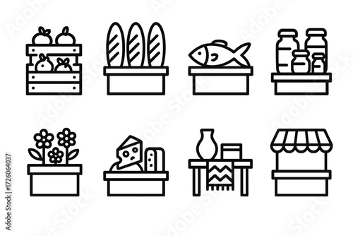 Market Stalls Icons. Market Stalls icons in outline style: produce crates, bakery loaves, fresh fish, spice jars, flower display, cheese stall, craft