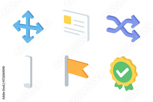 Task Movement Icons. Task movement set icons in modern isometric flat : drag arrow, task card, shuffle arrows, column divider, priority flag,