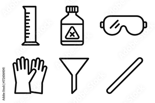 Chemistry Icon Collection. Chemistry setup icons in outline style: graduated cylinder, chemical bottle, safety goggles, gloves, funnel, stir rod