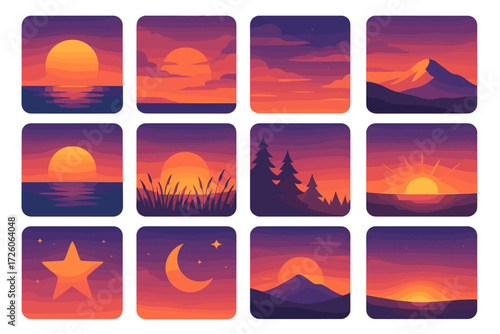 Twilight Gradient Icons. Evening Glow Variations in modern flat vector : sunset horizon, glowing sun, twilight sky, glowing clouds, fading light,