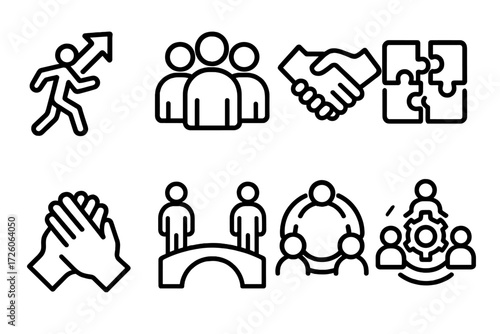 Teamwork Icon Set. Team drive icons in outline style: push forward, group avatars, handshake, puzzle pieces, partnership hands, bridge, unity circle,