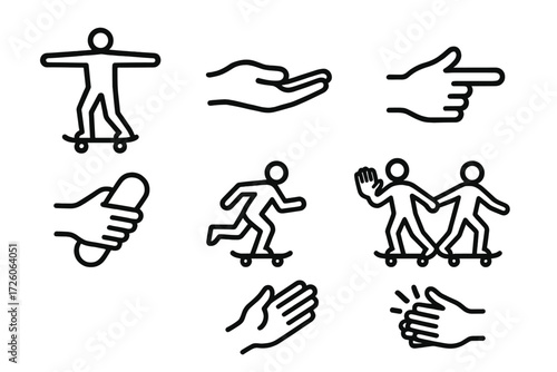 Gesture Iconic Movements. Gestures icons in outline style: arms stretched sideways while gliding, hand balancing in air, hand pointing forward, hand