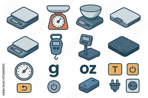 Isometric Scale Icons. Scale basics set icons in modern isometric flat : digital kitchen scale, analog kitchen scale, bowl on scale, flat scale,