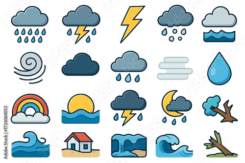 Weather Icon Set. Weather context set icons in modern isometric flat : heavy rain cloud, thunderstorm, lightning bolt, storm surge, wind swirl, dark
