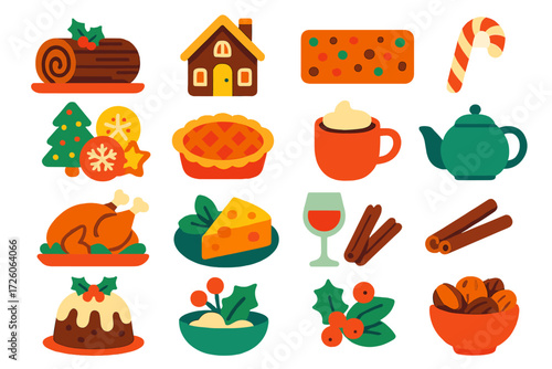 Festive Feast Icons. Holiday feast in modern flat vector : yule log cake, gingerbread house, fruitcake, candy cane, sugar cookies, pie, hot chocolate,