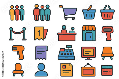 Retail Queue Icons. Retail Queue Icons icons in modern flat : waiting line, standing shoppers, shopping cart, shopping basket, stanchion rope, ticket