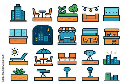 Vibrant Rooftop Icons. Urban Rooftop Icons icons in modern flat : skyscraper rooftop, terrace with chairs, rooftop garden, rooftop lights, rooftop
