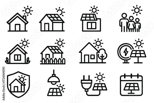 Home Solar Icons. Home solar panel icons in outline style: house, roof, window, family silhouettes, garden, fence, tree, power meter, safe home, lamp