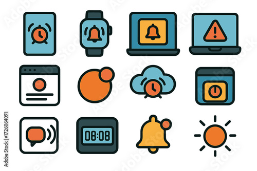 Alarm Icons. Digital alarm icons set of icons in abstract flat : smartphone with alarm, smartwatch notification, tablet reminder, laptop alert,