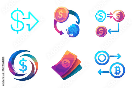 Futuristic Money Icons. Creative Money Transfer set of icons in abstract flat : neon glowing dollar arrow, holographic coin transfer, pixel art money