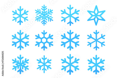 Snowflake Icon Collection. Snowflake Variations set of icons in gradient flat : simple snowflake, detailed snowflake, snowflake, star-shaped