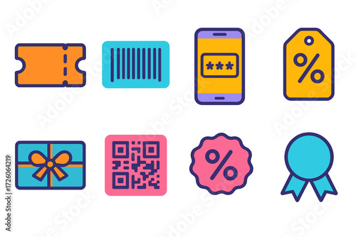 Shopping and sales neon icon set. featuring ticket, barcode, discount tag, mobile payment, gift, qr code, percentage, ribbon icons