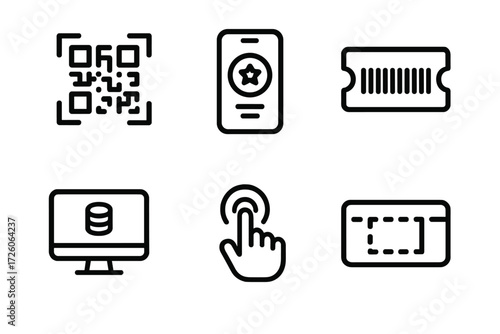 Digital Loyalty Icons. Digital Loyalty Programs icons in outline style: QR code scan, phone with rewards, barcode ticket, online points icon, redeem