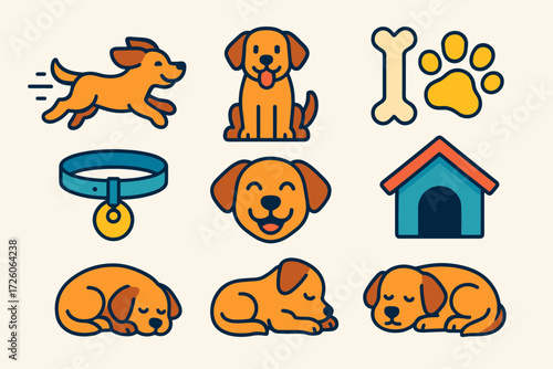 Playful Dog Icons. Pet Dog icons in modern flat : playful puppy running, dog sitting with tongue out, glowing paw print, bone beside dog, collar with