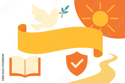 Hopeful Symbolic Elements. Hope banner in modern flat vector : scroll banner, peace dove, shining sun, open book, protective shield, guiding path []