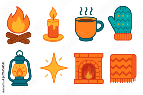 Cozy Festival Icons. Festival Warmth icons in modern flat : bonfire, glowing candle, hot cocoa, knitted mitten, lantern light, sparkling star, cozy