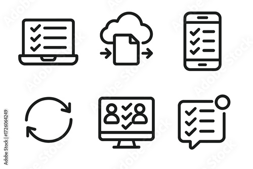 Task Management Icons. Digital Task Sharing icons in outline style: laptop with checklist, cloud file share, smartphone task app, online