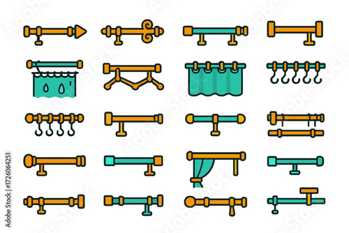 Modern Drapery Rod Icons. Drapery Rod Icons icons in modern flat : decorative curtain rod, rod with fancy finials, telescoping rod, mounted rod,