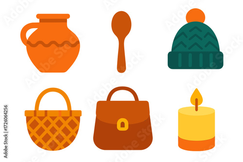 Minimalist Handcrafted Icons. Handcrafted goods in modern flat vector : ceramic pot, wooden spoon, knitted hat, woven basket, leather bag, candle. .