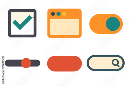 UI Icon Set. Digital UI set of icons in abstract flat : checkbox, app window, toggle switch, slider, button, search bar