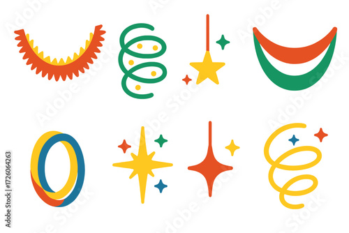 Vibrant Festive Garlands. Holiday garlands in modern flat vector : draped tinsel, coiled strand, hanging sparkle, layered garland, shiny loop, radiant