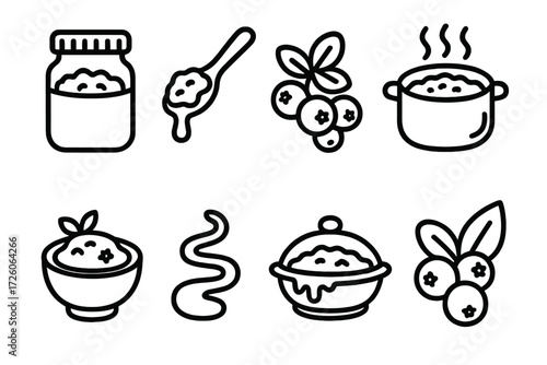 Cranberry Sauce Icons. Cranberry Sauce icons in outline style: glass jar sealed, wooden spoon with sauce, cranberry cluster, steaming pot with sauce,