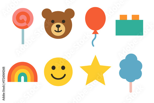 Joyful Childhood Icons. Childlike joy set of icons in abstract flat : sweetness, teddy bear, balloon, toy block, rainbow, smiling face, star, cotton