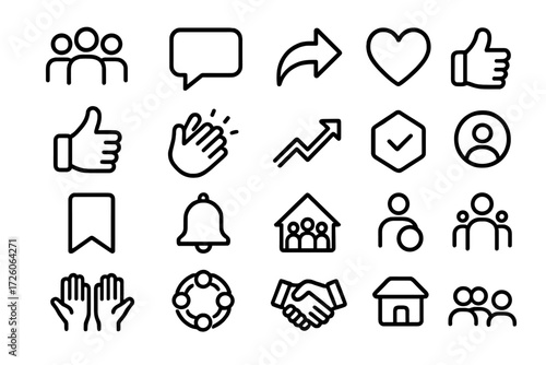 Wallpaper Mural Engagement Icons Set. Engagement symbols icons in outline style: group avatars, comment bubble, share arrow, like heart, thumbs up, clapping hands, Torontodigital.ca