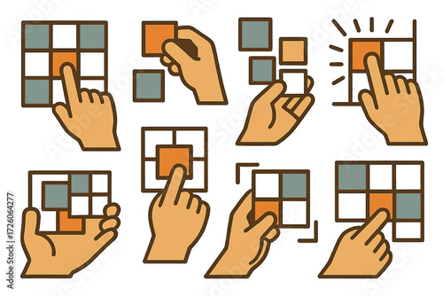 Abstract Hand Gestures Icons. Gestures set of icons in abstract flat : hand pointing at grid, hand dragging block into grid, hand arranging squares,