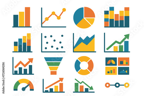 Chart Icon Collection. Chart basics set of icons in abstract flat : bar chart, line graph, pie chart, stacked bars, histogram, scatter plot, area