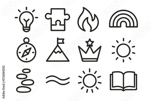 Creative Icons Set. Creative meta description icons in outline style: lightbulb idea, puzzle piece, storytelling flame, rainbow arc, guiding compass,