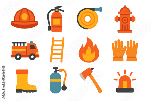 Firefighter Equipment Icons. Basic firefighter icons in modern flat vector : firefighter helmet, fire extinguisher, water hose, fire hydrant, fire