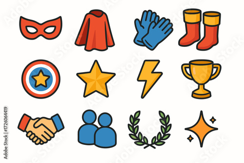 Superhero Icon Set. Basic sidekick set icons in modern isometric flat : superhero mask, cape, gloves, boots, shield, star badge, lightning bolt,