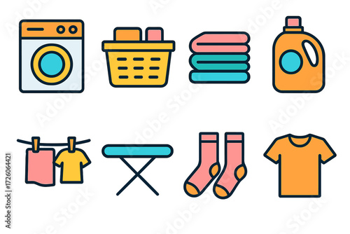 Laundry Icons Collection. Laundry day icons in modern flat vector : washing machine, laundry basket, folded clothes, detergent bottle, clothesline,