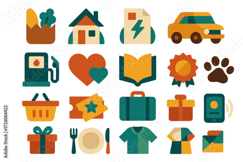 Expense Icons Set. Expense categories set of icons in abstract flat : grocery bag, house rent, utility bill, transport car, fuel pump, health heart,