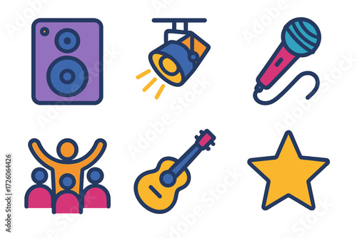 Minimal Concert Icons. Concert setup in modern flat vector : bass speaker, stage light, microphone, crowd, guitar, star