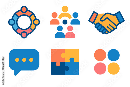 Unity and Collaboration Icons. Community in modern flat vector : unity ring, group of people, circle of dots, handshake, chat bubble, puzzle pieces