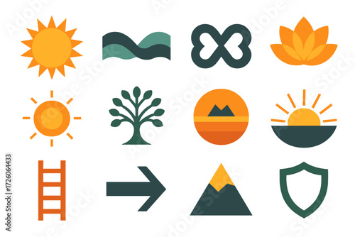 Symbol Icons. Symbolic twin idea set of icons in abstract flat : radiant sun, harmony wave, infinity loop, lotus flower, glowing aura, tree of life,