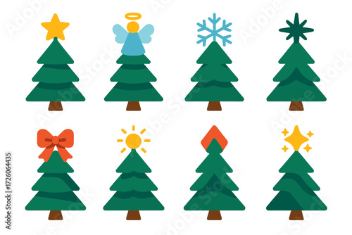 Festive Tree Toppers. Topper Contexts in modern flat vector : tree with star topper, tree with angel topper, tree with snowflake topper, tree with