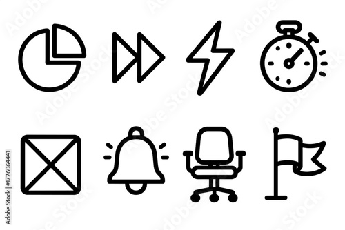 Schedule Icons Set. Tight schedule symbols icons in outline style: progress pie, fast-forward arrows, urgent lightning bolt, stopwatch ticking,