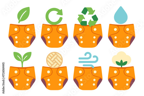 Eco-Friendly Cloth Diaper Icons. Sustainability & Health in modern flat vector : cloth diaper with eco symbol, cloth diaper with green arrow, cloth