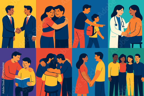 Vibrant Human Connection. Situations in modern flat vector : business partners shaking hands, friends embracing, parent guiding child, doctor