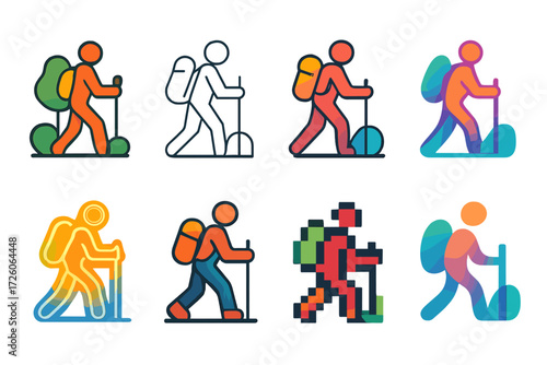 Nature Walk Icons. Nature Walk Styles in modern flat vector : flat nature walk icon, outline nature walk icon, bold nature walk icon, gradient nature