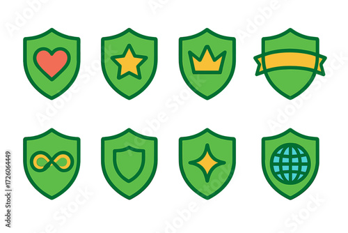 Vibrant Eco Shields. Symbolic Eco Shields in modern flat vector : eco shield with heart, eco shield with star, eco shield with crown, eco shield with