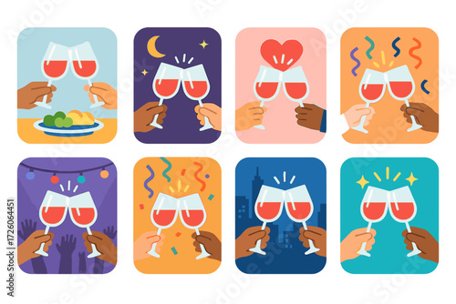 Glass Clink Moments. Glass Clink Contexts in modern flat vector : clink at dinner table, clink at midnight, clink at wedding, clink at concert, clink